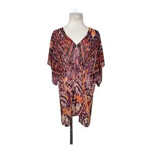 Cabi Orange Purple Kimono Print Draw String Sheer Oversize Top Tunic Blouse M